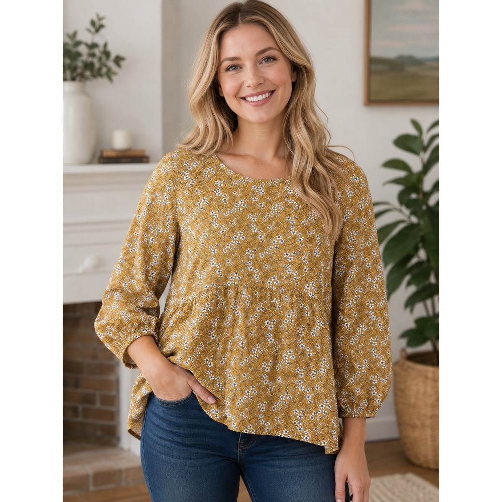 Matilda Jane Mustard Yellow Floral Peplum Top Button Back 3/4 Sleeve XS